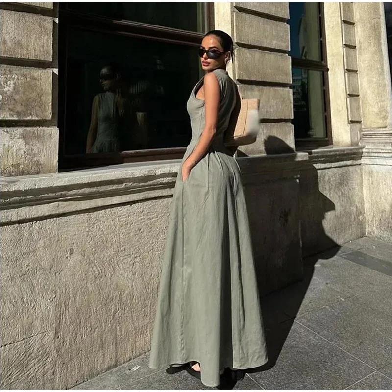 Sleeveless SpliAed Zipper Maxi Dress Women Elegant High Waist Slim Pleated Long Dresses OffiAe Lady Street Robes Female