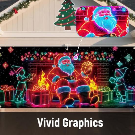UV-aktivert julegarasjeportdeksel Fluorescerende 2D Flatt juleportbanner Opplyst høytidskartoonbakgrunn for jul Innendørs utendørs veggdekor