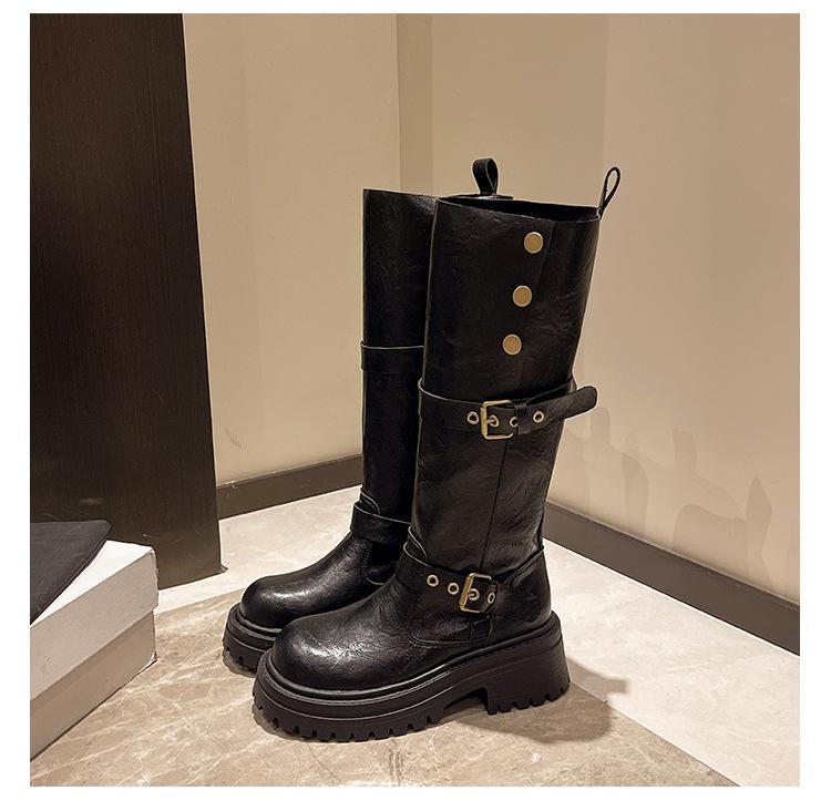 

Retro brown British style platform boots women s 2025 autumn and winter new high boots slim knight boots 35 чёрный