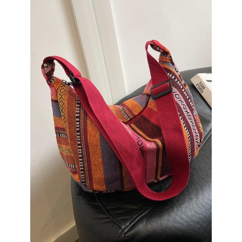 Neue Damenhandtasche Retro Regenbogen gestreifte Canvas Umhängetasche Messenger Bag Große Kapazität Knödeltasche