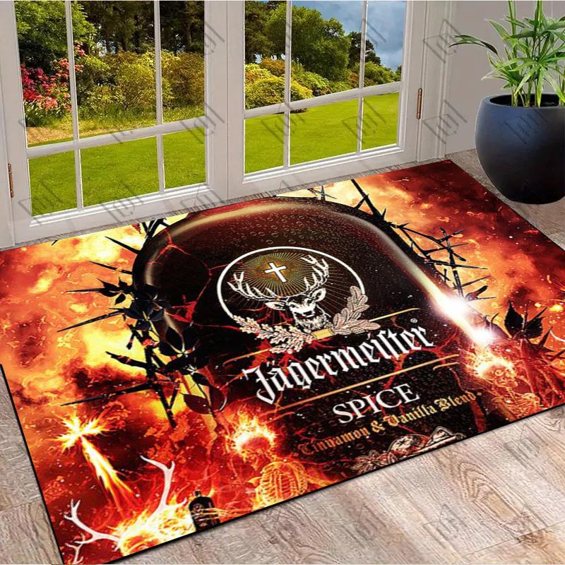 Tappeto Area Stampata Sfondo Fiamma Fuoco Logo Cervo Jagermeister Tappeto Decorazione Tappeto Pavimento Rettangolare Antiscivolo Marca Liquori Bar Stanza Giochi Man Cave
