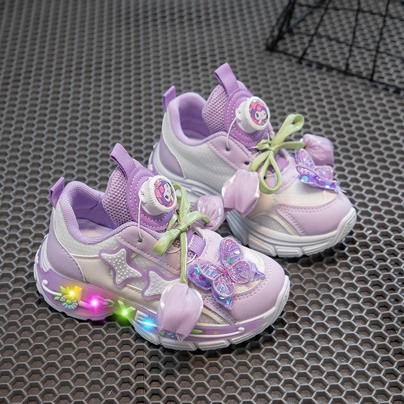 Autumn girls' mesh princess shoes, children's light-up breathable sneakers, girls' twist-button dad shoes