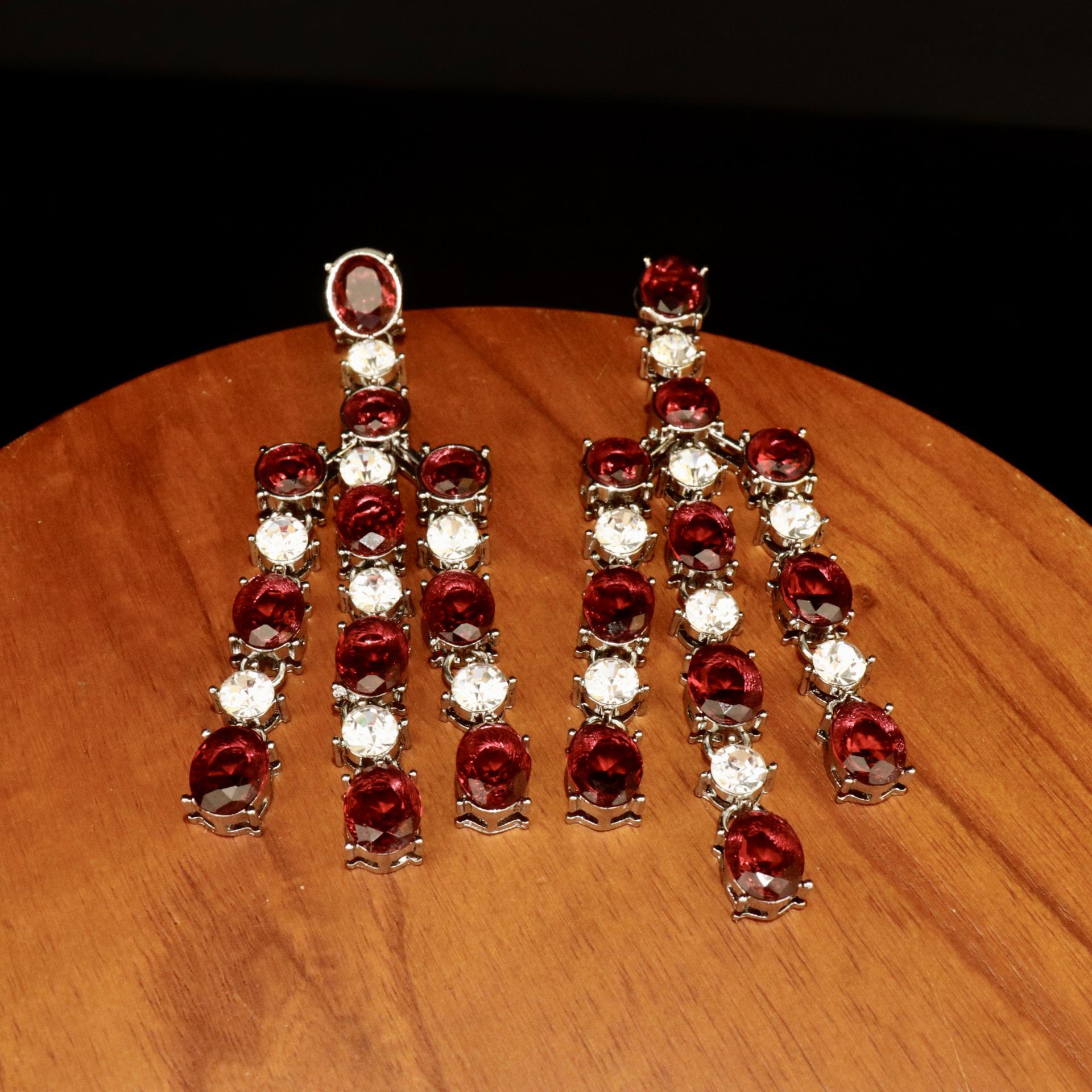 Geometric Ruby Tassel Dangle Earrings, Light Luxury Niche Design, 925 Silver Needle Studs