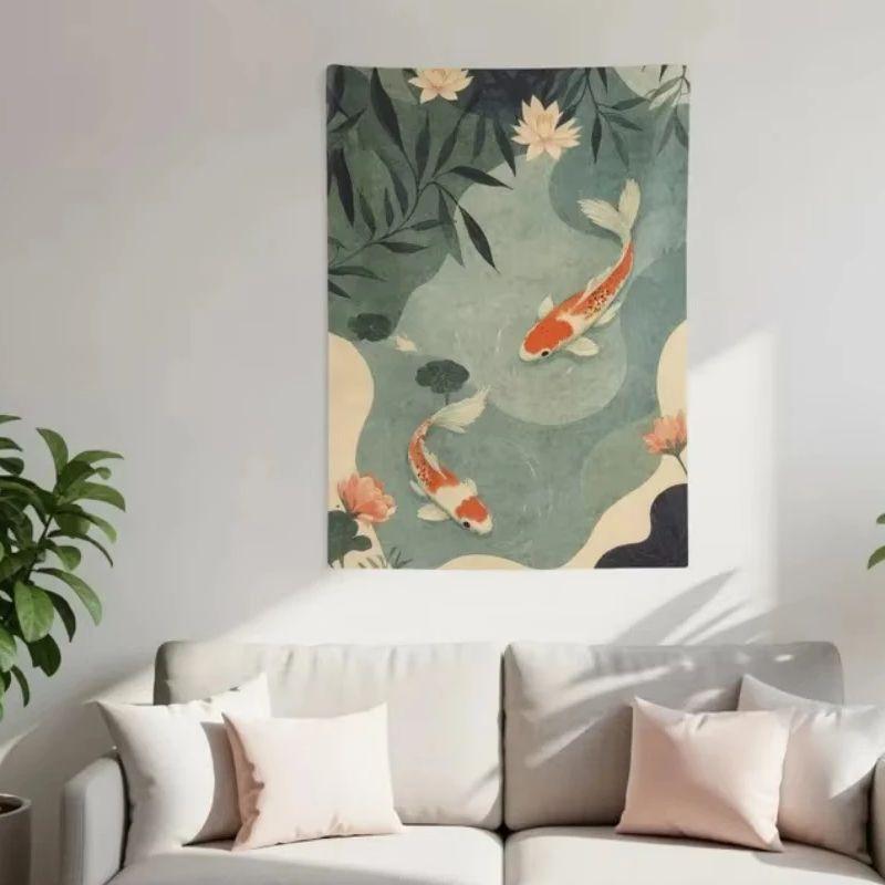 Koi Fish Tapestry with Japanese Zen Lotus Wall Decor Serene ZenInspired Art Perfect for Infusing Peace Into Home Styling