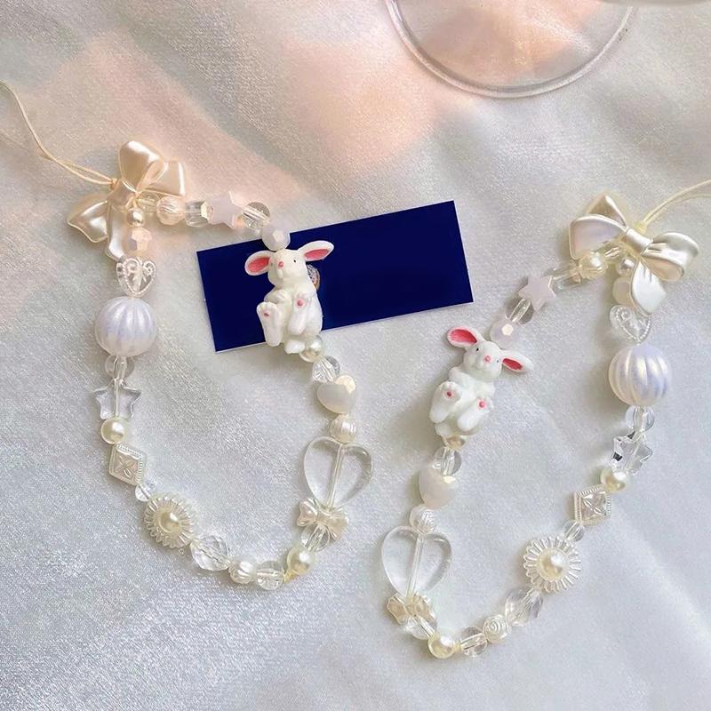 

Korean Cute Baroque White Bow Flower Beaded Phone Chain Charm Lanyard For Iphone Samsung Universal Accessories Jewelry Pendant