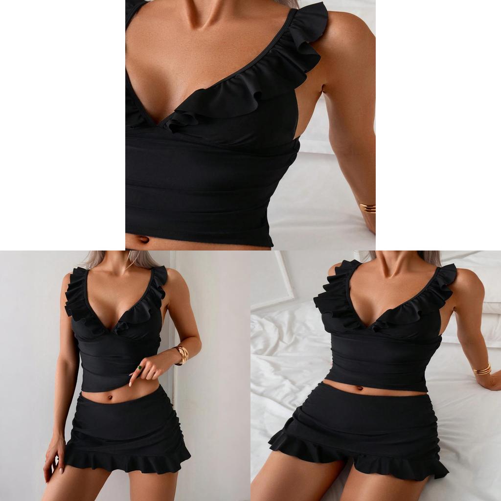 Swimsuit Women Pure Color Bikini Set With Ruffle Trim For Water Sports