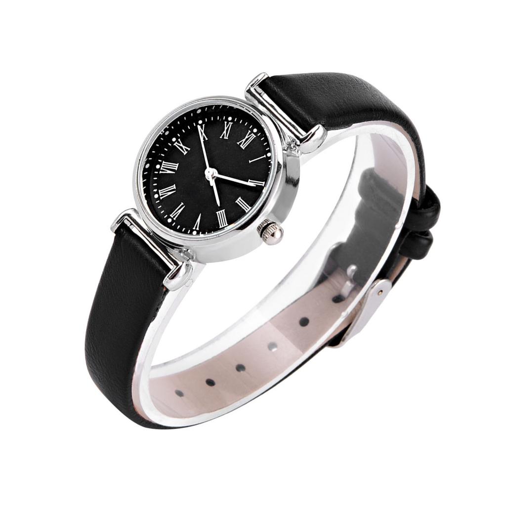 Exquisite Small Simple Fashion Women Dress Watch Retro Leather Mini Wristwatch (Black Dial)