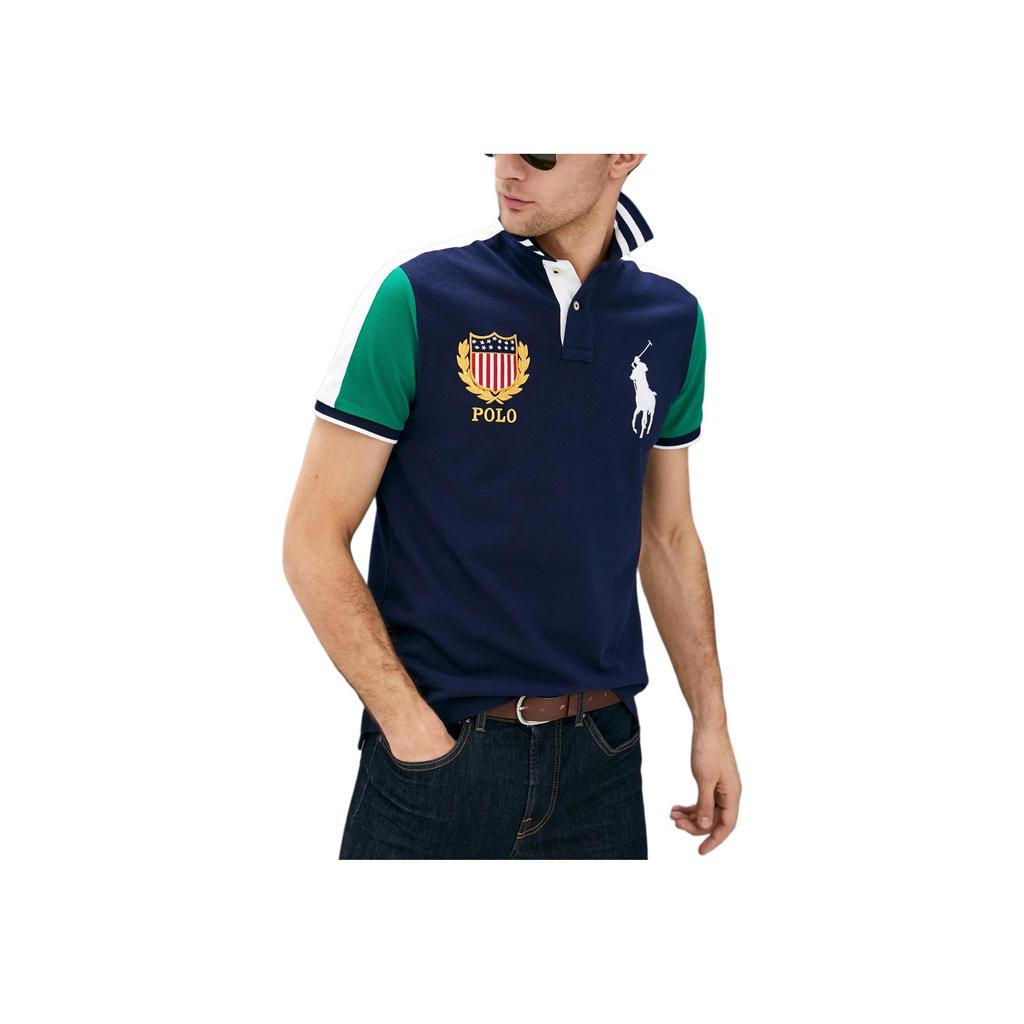 Polo Ralph Lauren Color Block Big Pony Logo Embroidered Short Sleeve Polo Shirt Men Polo Shirts Navy-Blue 710800516-001