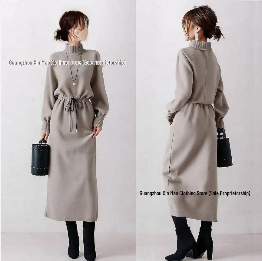 

French Retro Drawstring Over-the-Knee Dress - Autumn Winter 2025 Collection Small абрикосовый