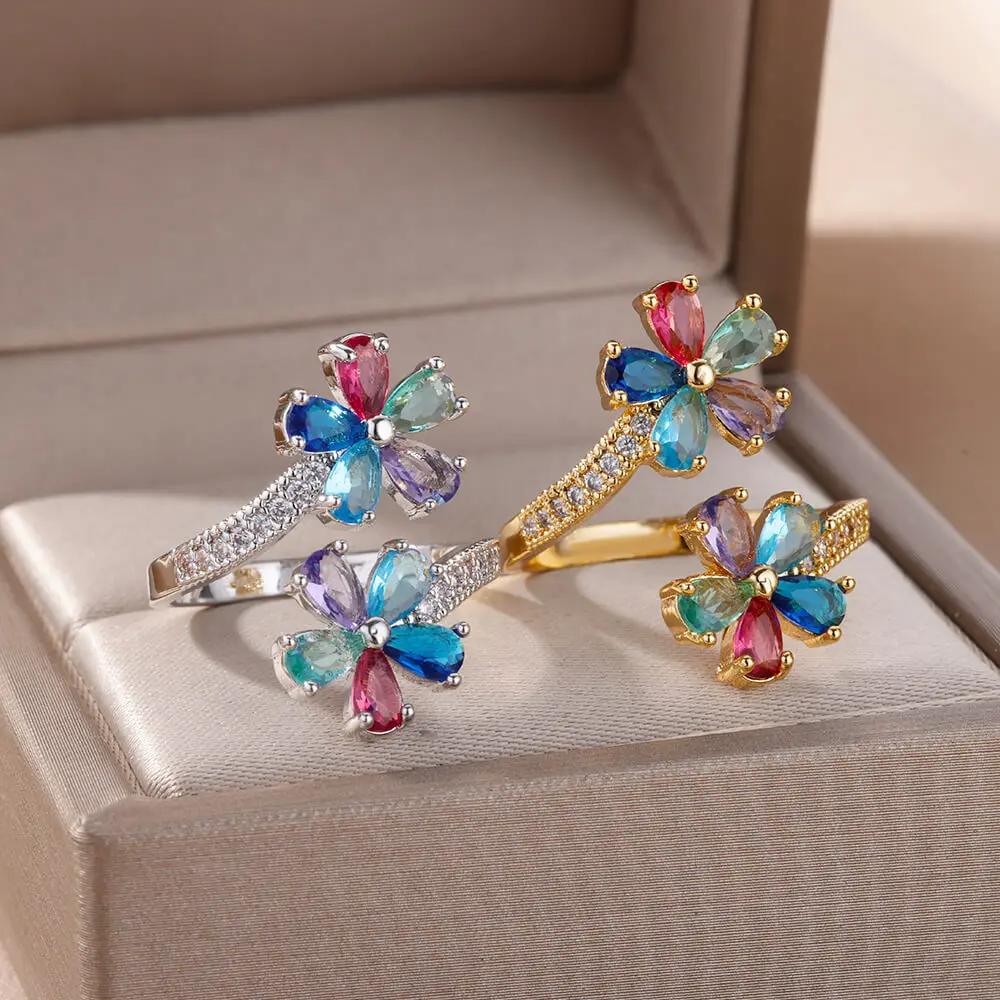 Anelli Doppi Fiore Zircone Viola per Donne Colore Oro Acciaio Inossidabile Anello Aperto Fiore Gioielli Estetica Matrimonio Regalo