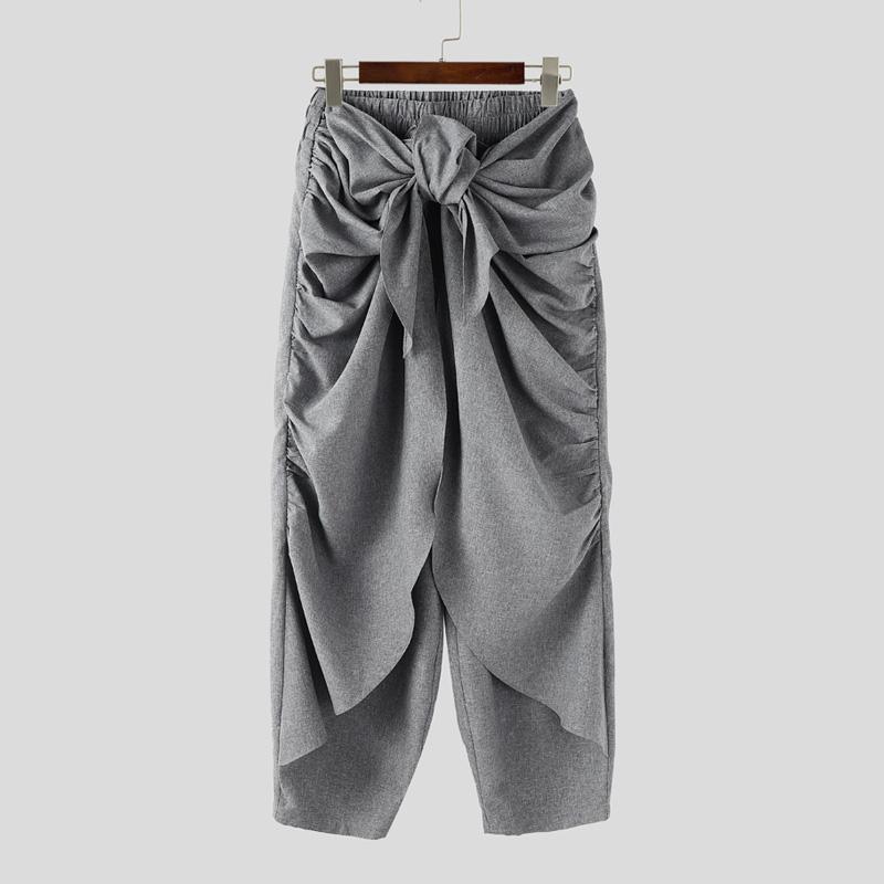 

INCERUN Men Twisted High Waist Solid Color Casual Ruffled Harem Pants XL серый