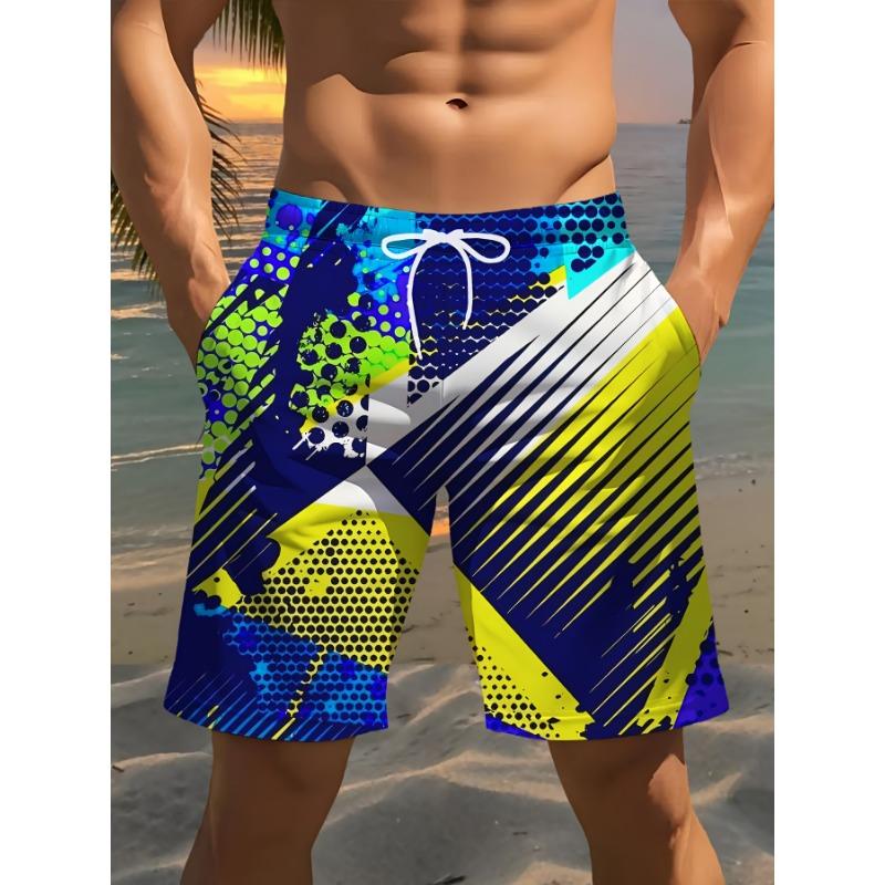 Men's stylish printed beach shorts, geometric 3D print, - Casual polyester drawstring waist, lightweight and comfortable in summer