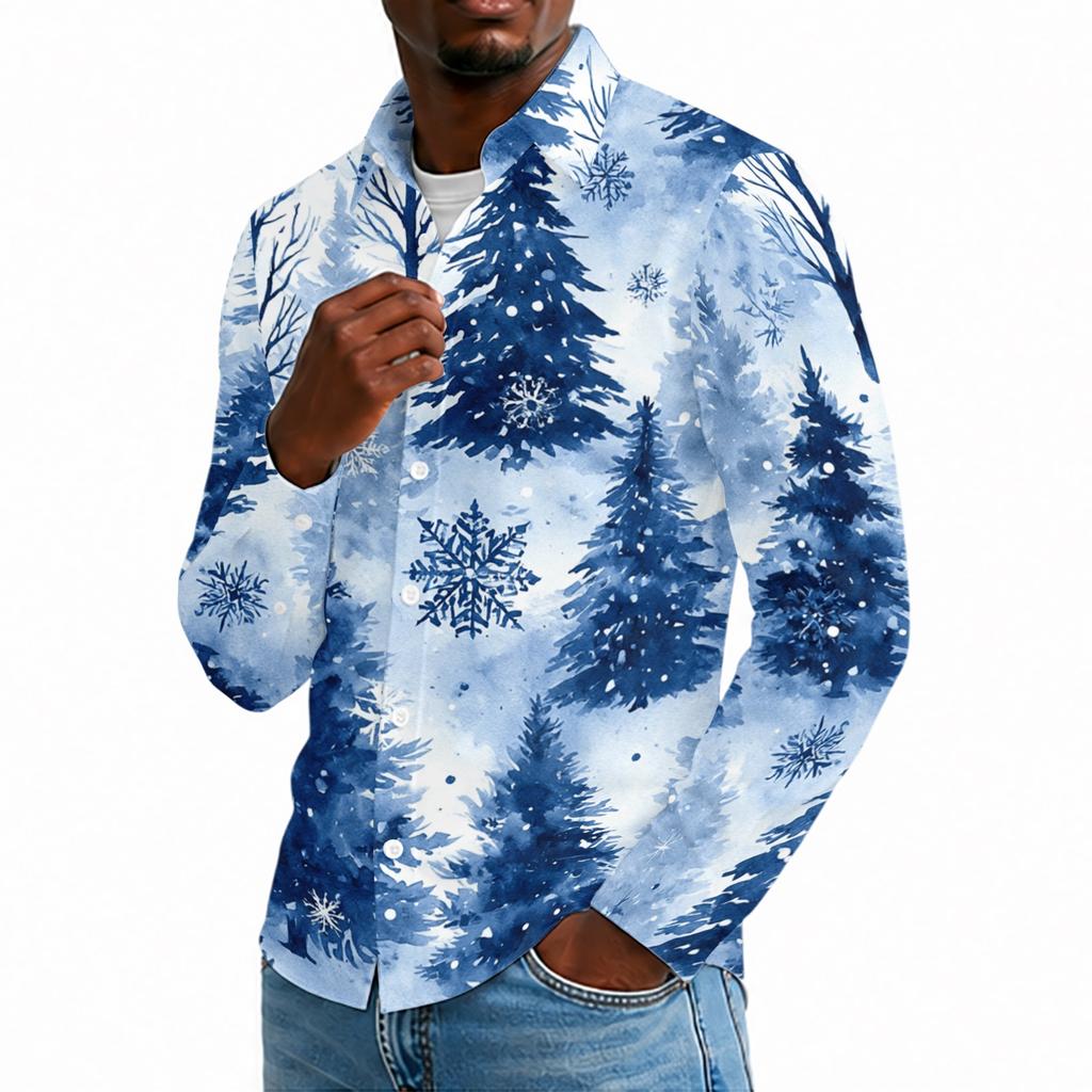 Men's Casual Long Sleeve Shirt with Christmas Print for Spring and Daily Wear