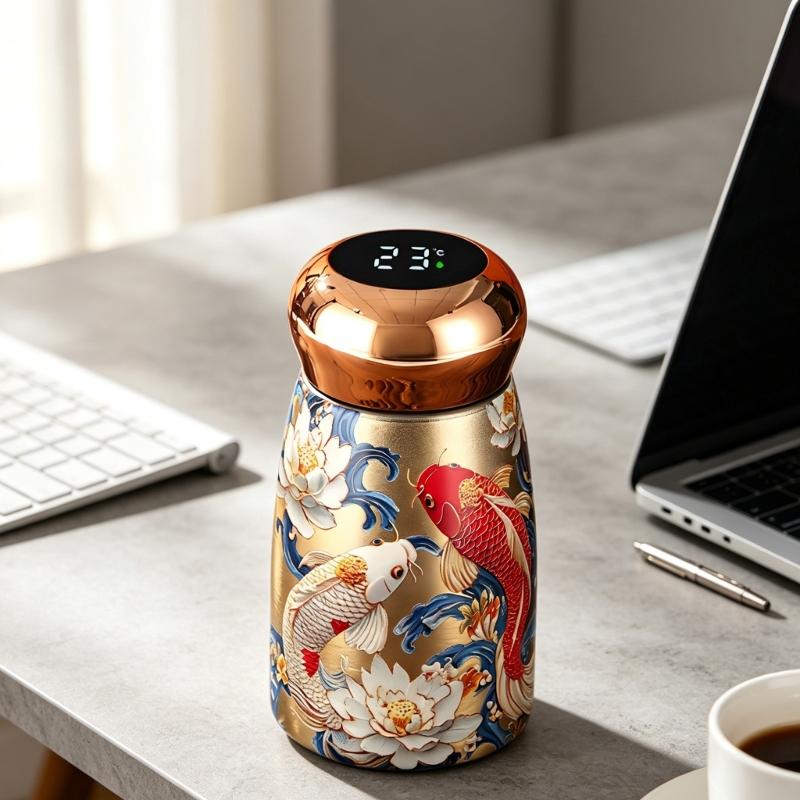 Stainless Steel Insulated Tumblers with Temperature Display, Decorative Florals Print Mini Thermal Cup for Office Desk Tea Coffee Beverage
