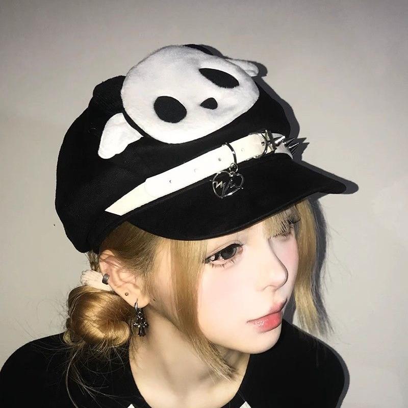 Y2K Dopamine Panda Beret Hat Rivet Cute Sunscreen Hat Octagon Subculture Wings Hat Women's Accessories