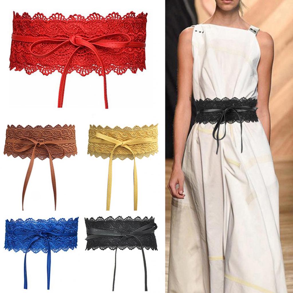 Fashion Women Dress Bowknot Faux Leather Lace Wide Decor Belt Girdle Waist Band EMA