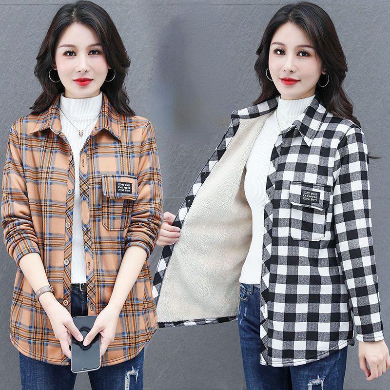 Women's Autumn Velvet Long Sleeved Warm Shirt, Middle-aged Mother's Plus Size Casual Plaid Jacket