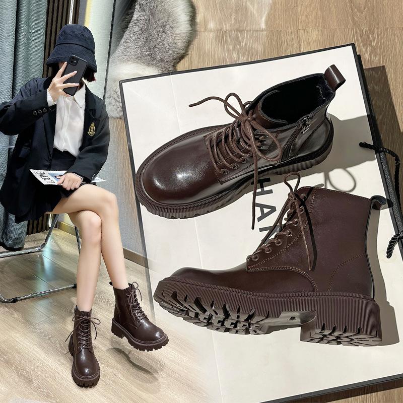 Brown Martin boots women's 2026 new spring and autumn platform short boots winter velvet locomotive boots wear-resistant bottom women's boots