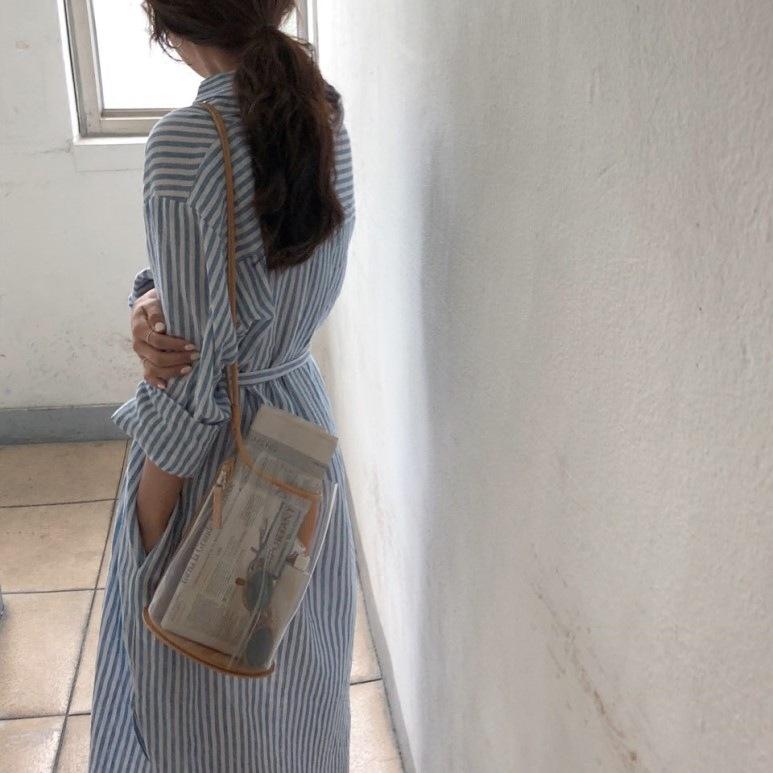 Spring Summer Women Long Dresses Striped Lace Up Cotton and Linen Shirt Dress