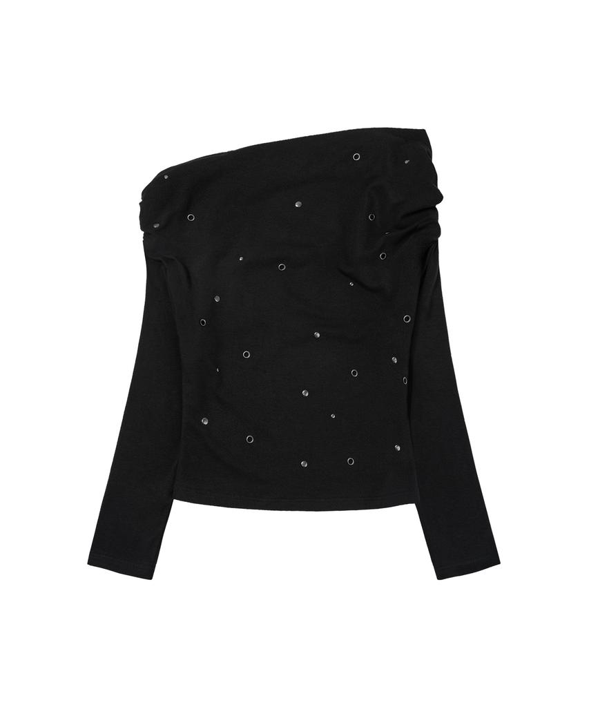 FANCY CLUB Eyelet Cowl One-Shoulder Top (Black) F26Zb520