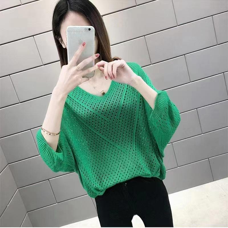 Seven-quarter-sleeved Short Top Summer Thin V-neck Bat-sleeved T-shirt Women's Blouse Loose Large Size Hollow Knitted Sweater Women's