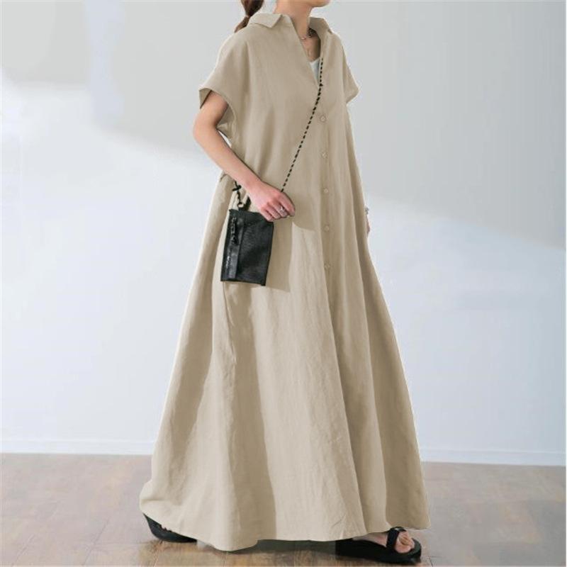 

Tooxika Нова жіноча однотонна сукня з бавовни та льону з короткими рукавами, вільна сорочка з лацканами, довга спідниця XXL