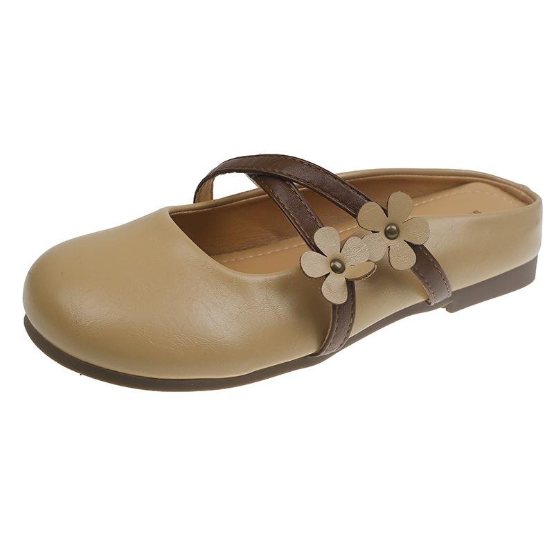 French Flat-bottomed Flower Bag Head Half Slippers Women's Outer Wear 2025 Summer Fairy Style with Skirt Mary Jane Sandals