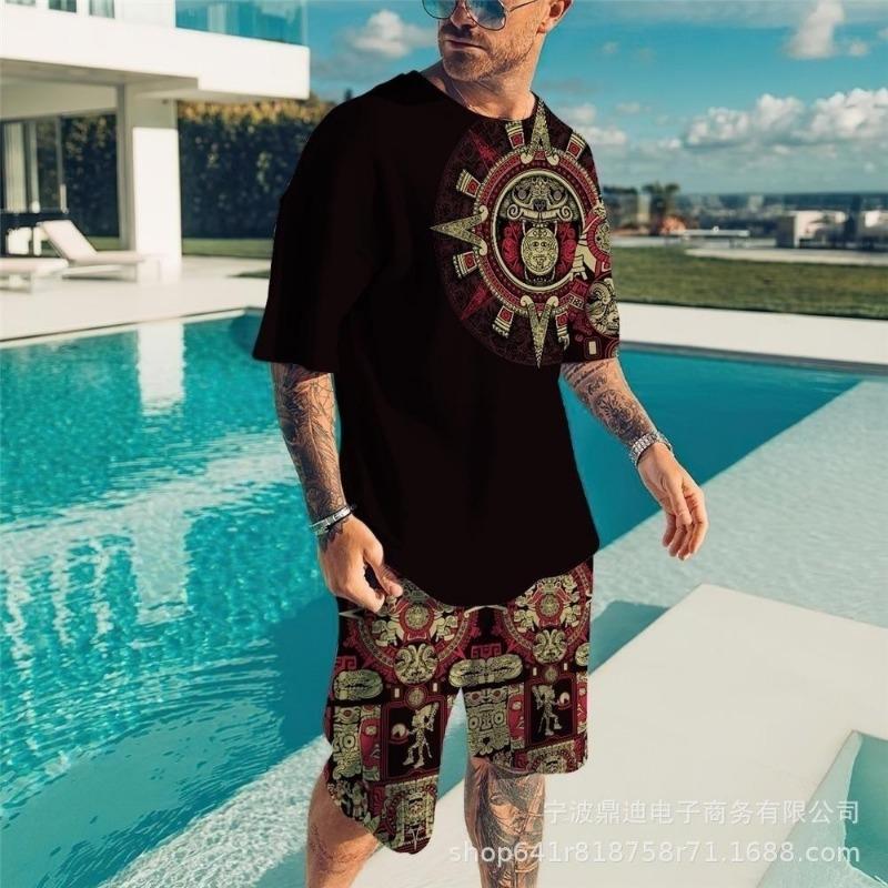 Men's Fashion Geometric Pattern Short-sleeve and Shorts Set Casual Loose Two-piece Outfit