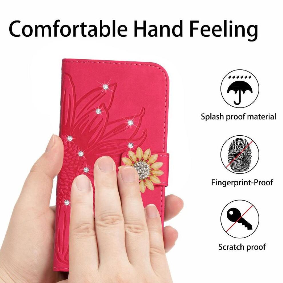 (Rose red ) Flip Case for Samsung Galaxy A17 Sunflower Leather Wallet with Card Slot Stand with A Long Lanyard Kickstand Protective