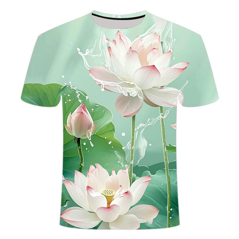 2024 Summer Creative 3D Printed Various Water Flower Series, Niche Fashion Men's and Women's Round Neck T-shirt