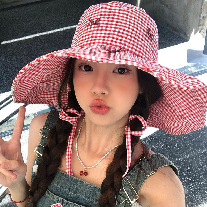 

Summer little fresh girl wind sunscreen hat spring and summer travel vacation seaside big brim sun hat shows small face красный