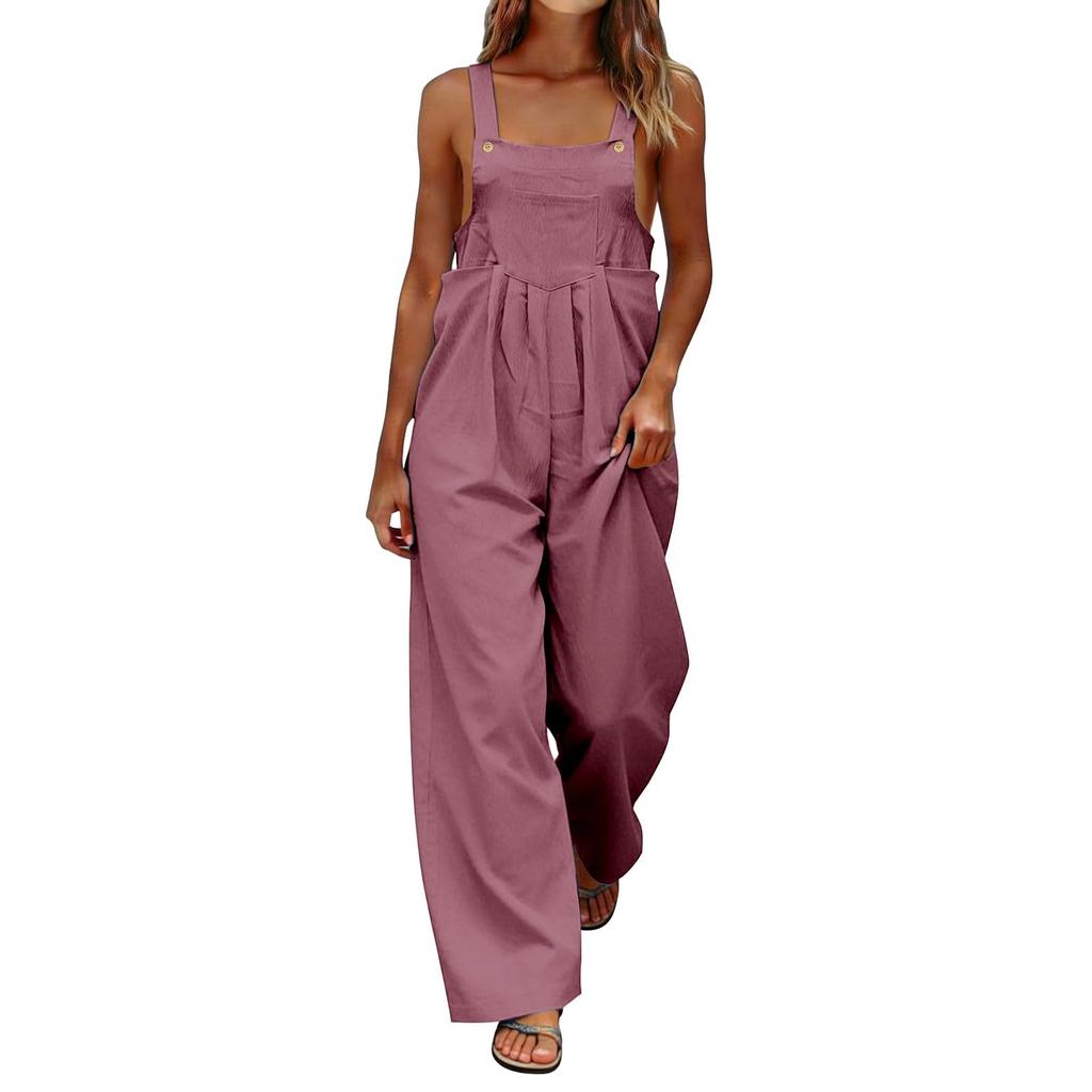 Women's Fashionable Color Sleeveless Casual Wide Leg Loose Jumpsuit With Pocket