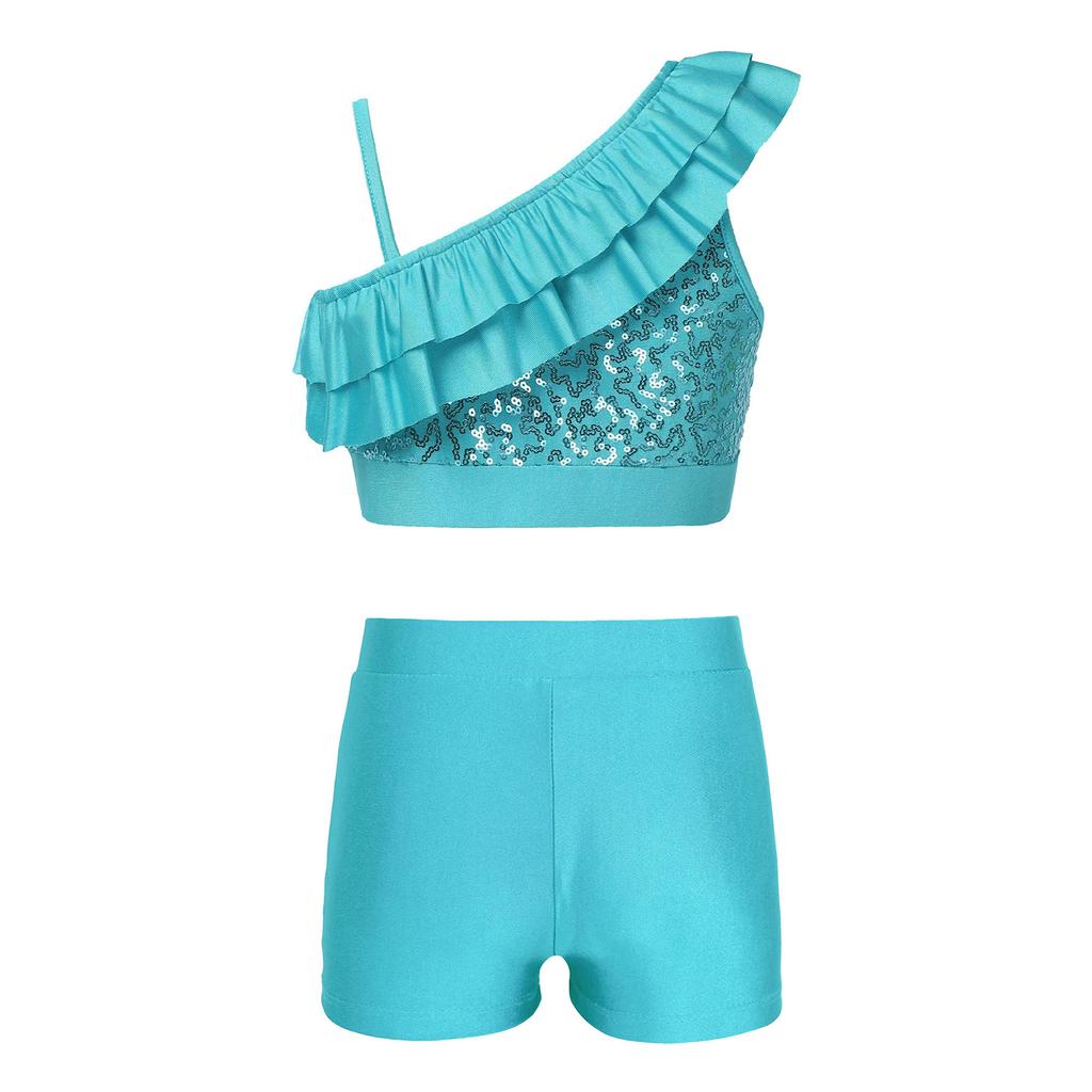 Dívčí Sequin Crop Top Set Asymetrické volánkové ramínka V-výstřih v přední části Pasové šortky Tanec Soutěž