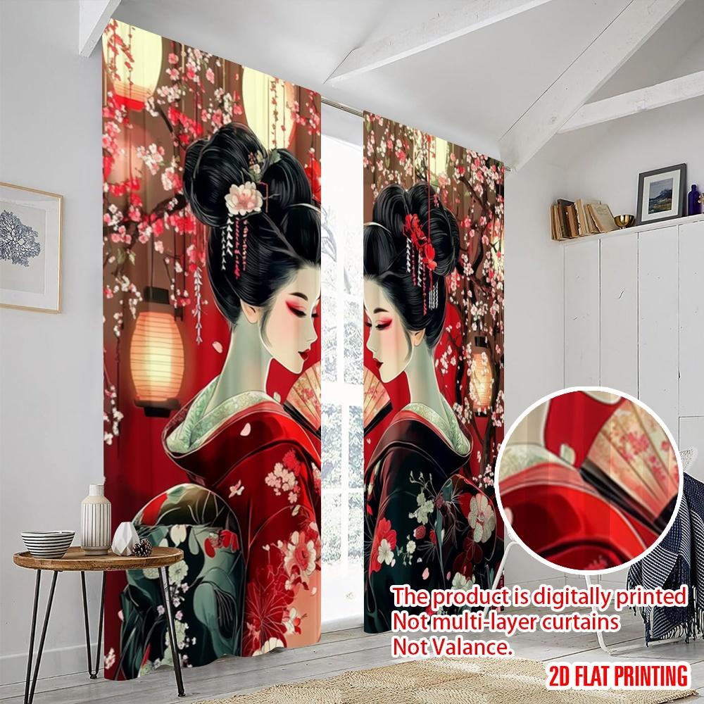 2pcs,2D plane printing Popular Curtains Geisha Sakura Scene Versatile 100% Polyester (without rod) Outdoor Decorations Perfect