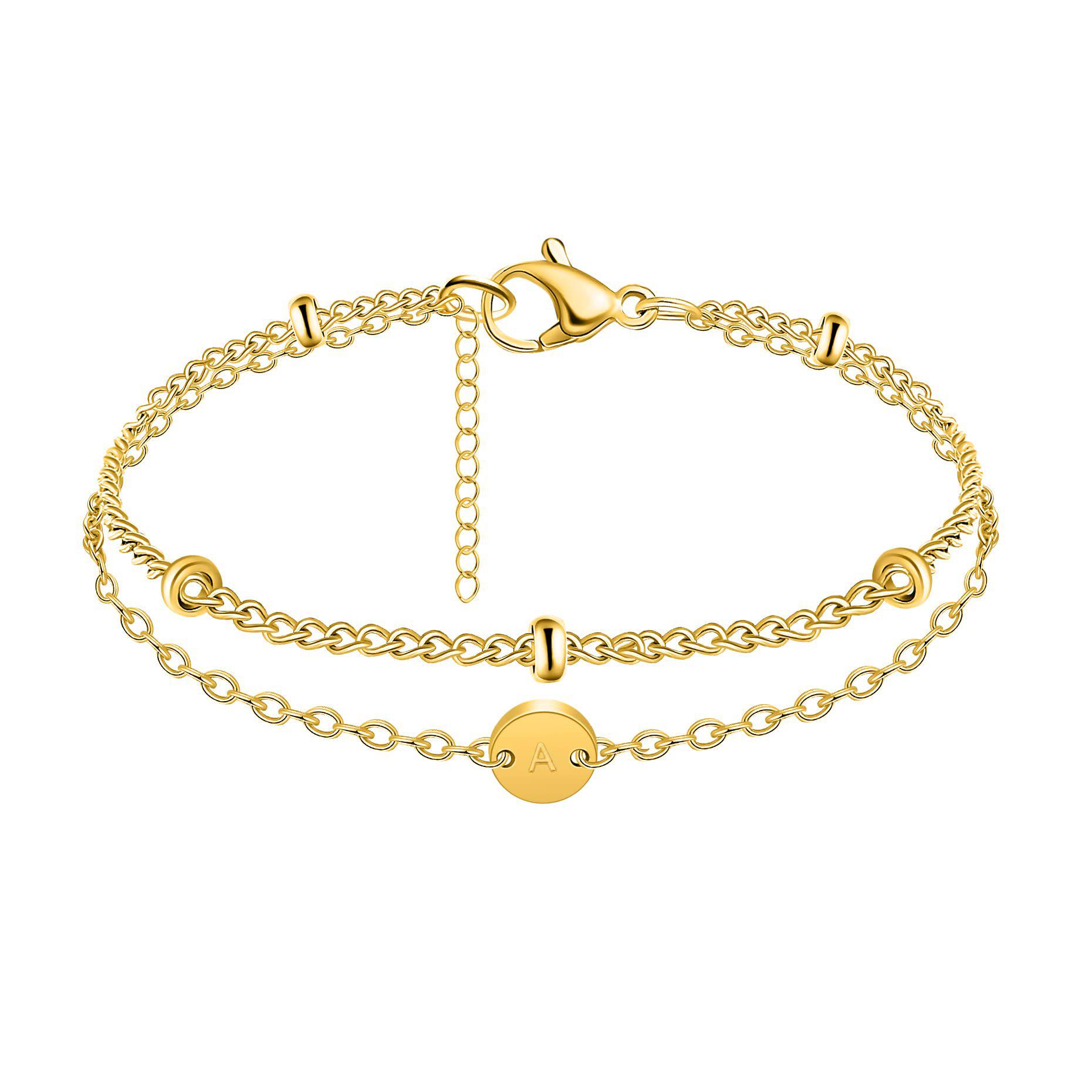 18K Gold-Plated Stainless Steel Double Layer Bead and Cross Chain Bracelet with Etched 26 Letters G