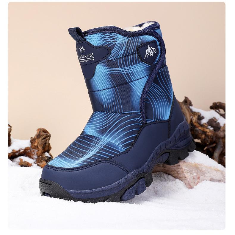 Children's Waterproof Snow Boots with Ice Cleats - Warm, Non-slip, Velvet-lined Winter Boots for Medium To Large Kids, Blue.