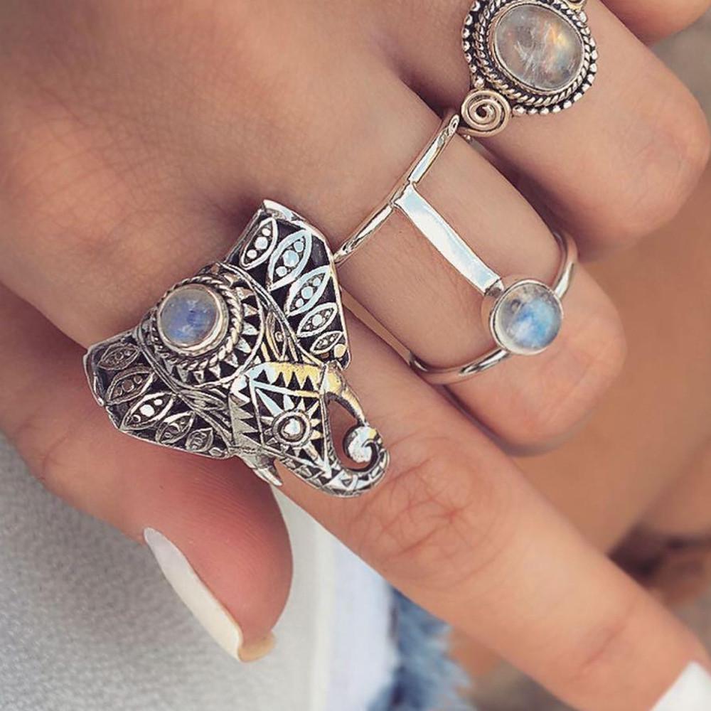 3 Ringe Set Neues Böhmisches Vintage Damen Legierung Elefant Form Fingerringe