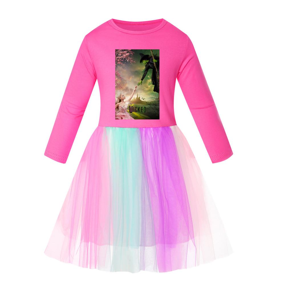 Kids Girls Witch Glinda Print Mesh Rainbow Round Neck Casual Cotton Dress