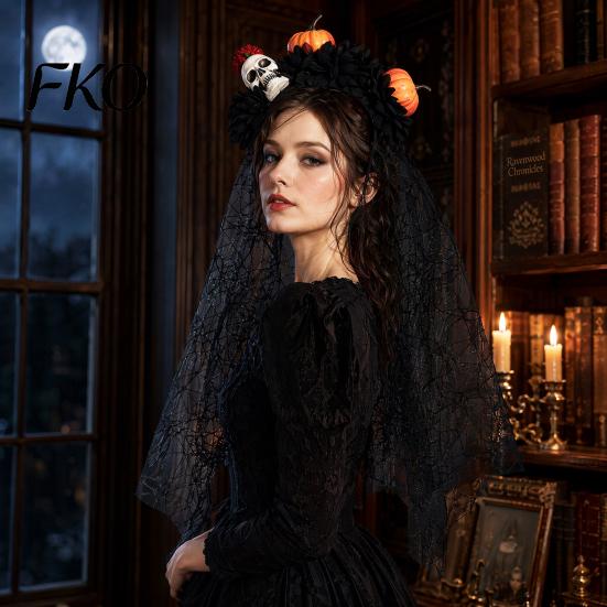 Halloween Costume Headband Pumpkin Skull Floral Headband, Stable Hair Hoop with 3D Artificial Spiderweb Flowers And Black Gauze Gothic Party