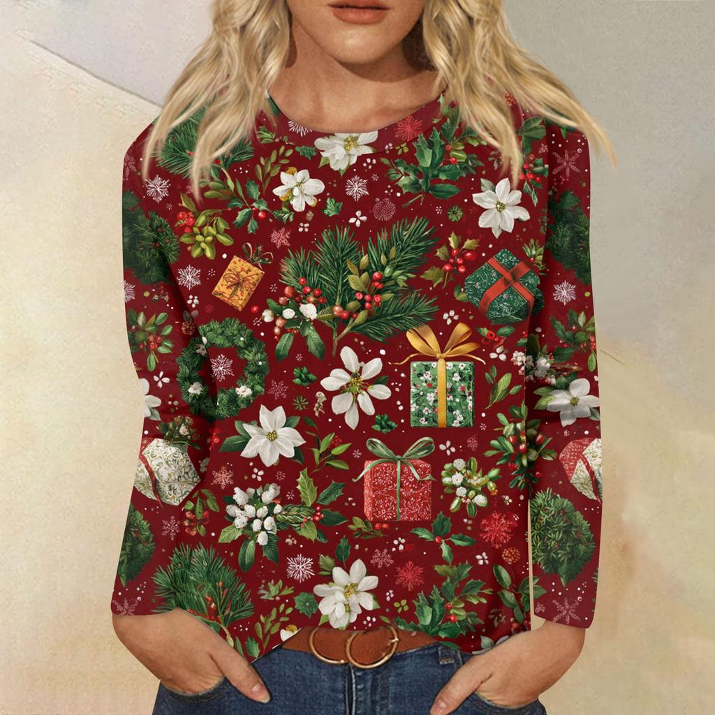 Women's Fashion Casual Long Sleeve  Print Round Neck Top