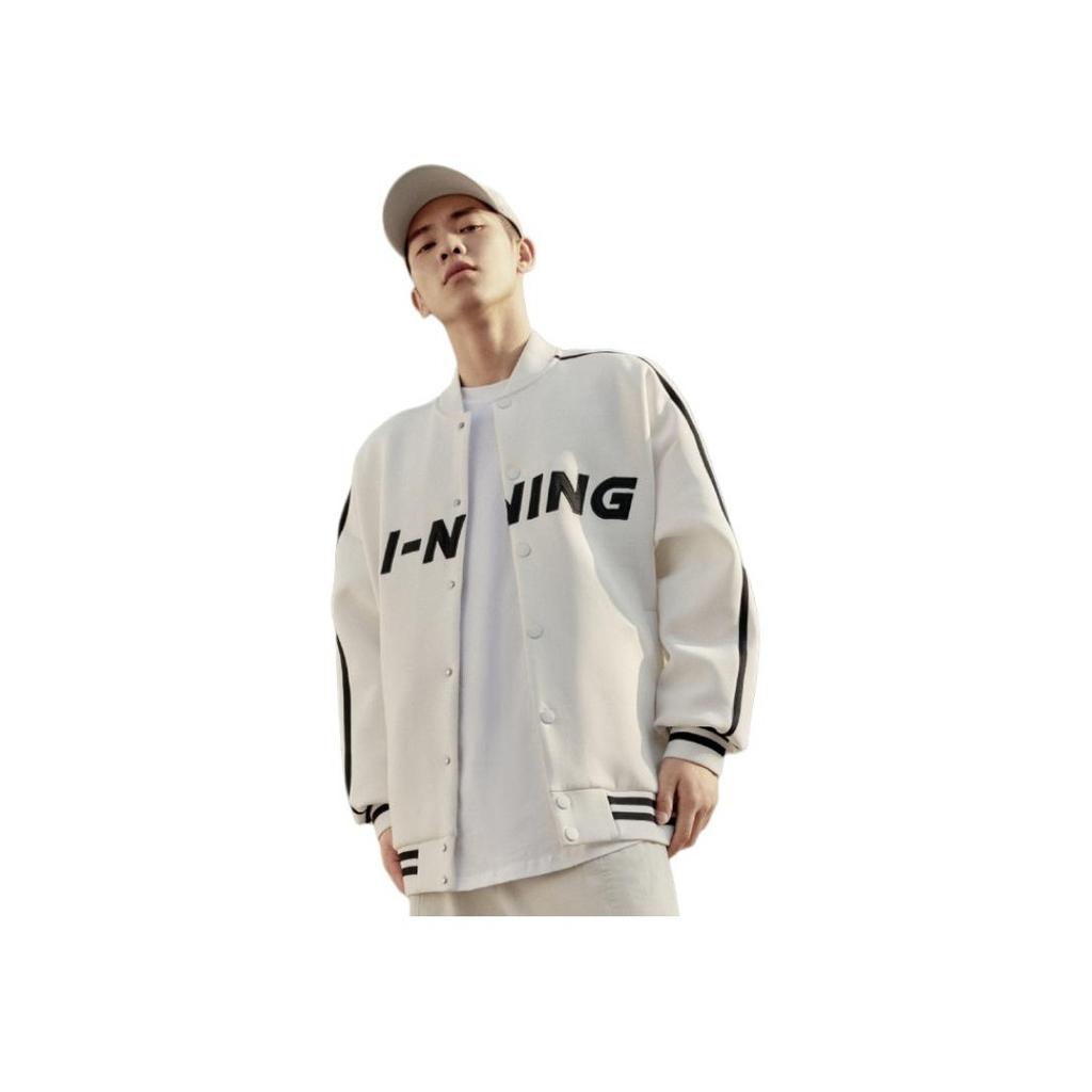 LiNing Sport Fashion Series American Retro Color-Block Logo Baseball Collar Single-Breasted Jacket Unisex Jacket Off-White AWDT545-1
