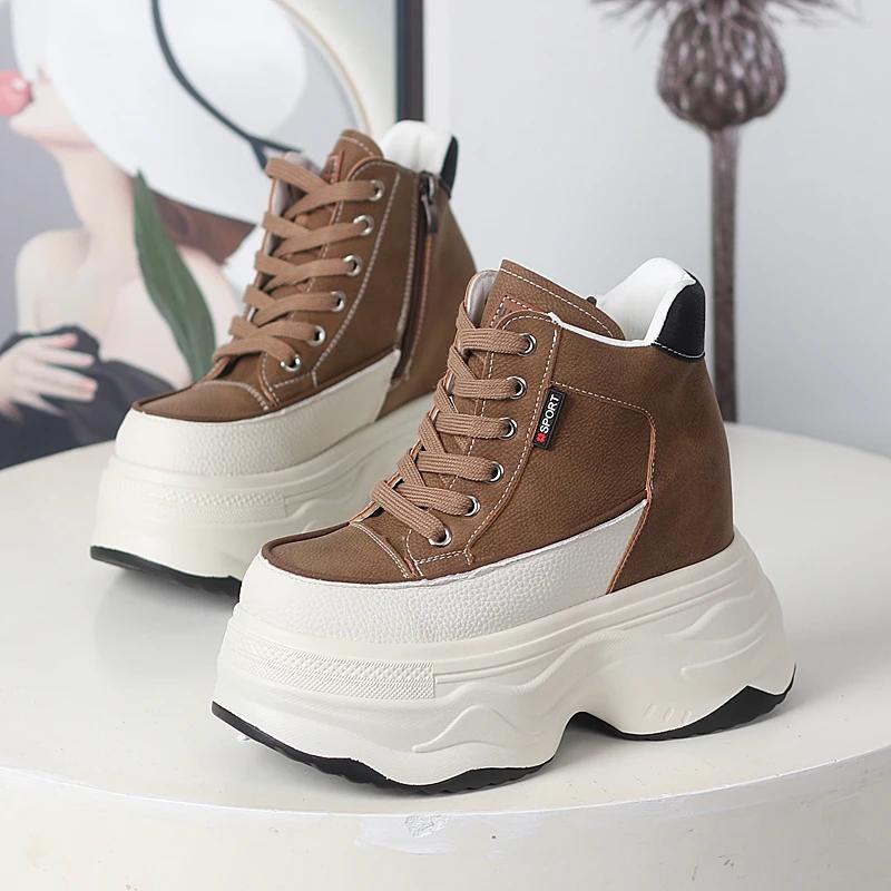 Fashion 12CM British Genuine Leather Ladies Platform Wedge Ankle Winter Plush Booties Autumn Spring High Brand Women Cowboy Shoes