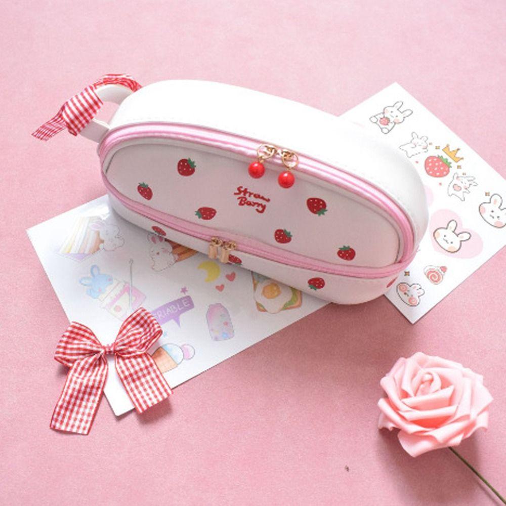 Bear Pencil Case Smile Cherry Double Layer Pen Pouch Cartoon Cute Pencil Bag  Girl