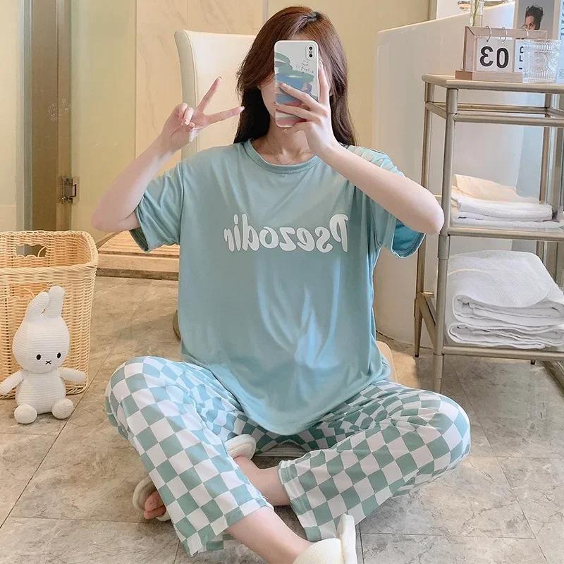 2PCS/Set Cartoon Bear Pajamas Women Short Sleeve Long Trousers College Students Nightwear Homewear Letters Plaid Girls Sleepwear