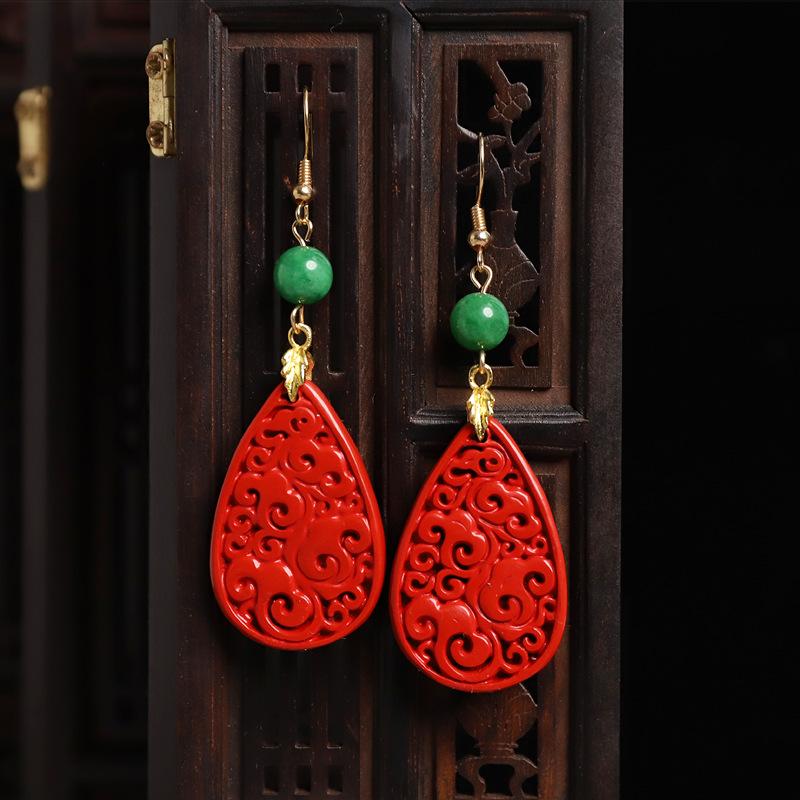 Red cinnabar water drop earrings retro temperament niche design earrings antique cheongsam earrings women