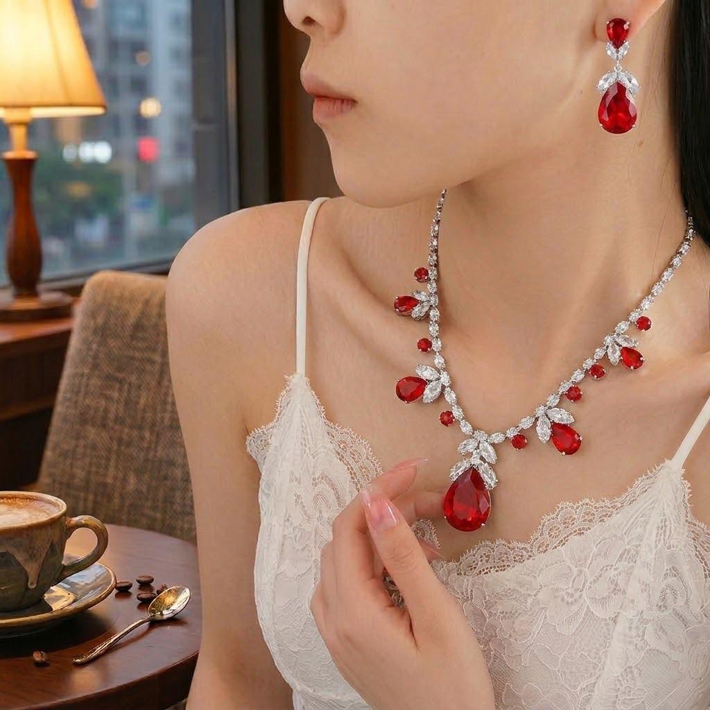 European Style Zircon Red Water Drop Tassel Necklace & Earrings Set