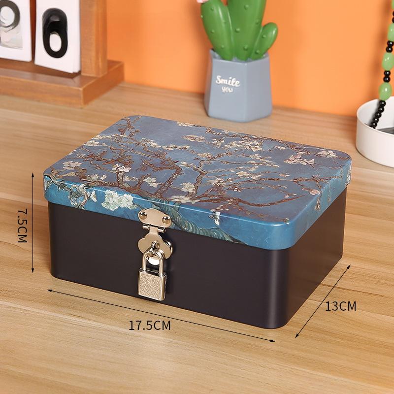 Iron Box with Lock and Key Desktop Storage Box Retro Tinplate Cosmetics ID Storage Household Jewelry Storage Empty Box