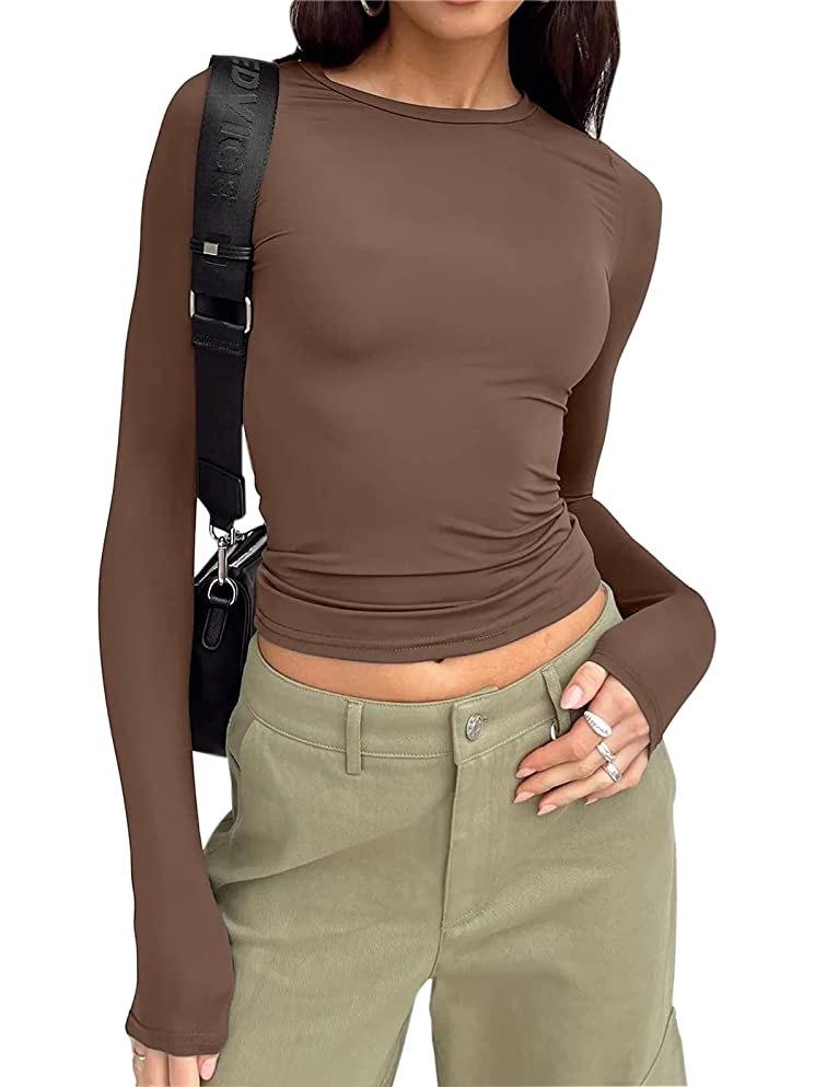 2023 Women's Autumn Slim Fit Irregular Long Sleeve T-Shirt - Solid Color, Round Neck