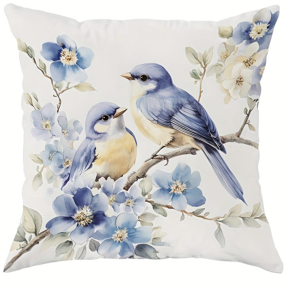 

Spring-themed blue flower and bird pillow cover , Beautiful, fresh and elegant style, sofa cushion cover, room decoration 16x16Inch