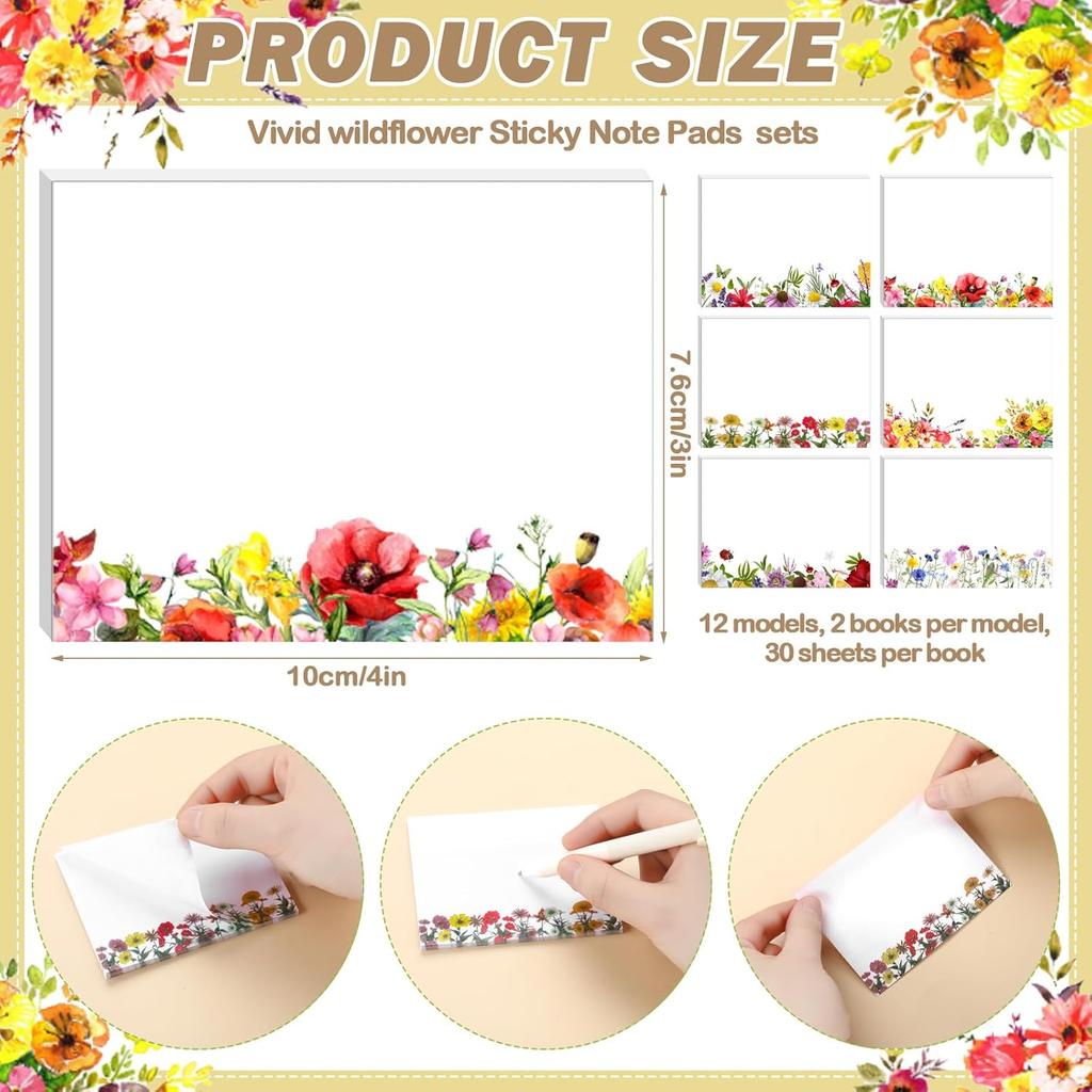 Janlaugh 12 Pads Wildflower Sticky Notes Summer Sticky Memo Pads Self Stick Flower Office Supplies Wildflower Party Favors Adhesive Notepad for